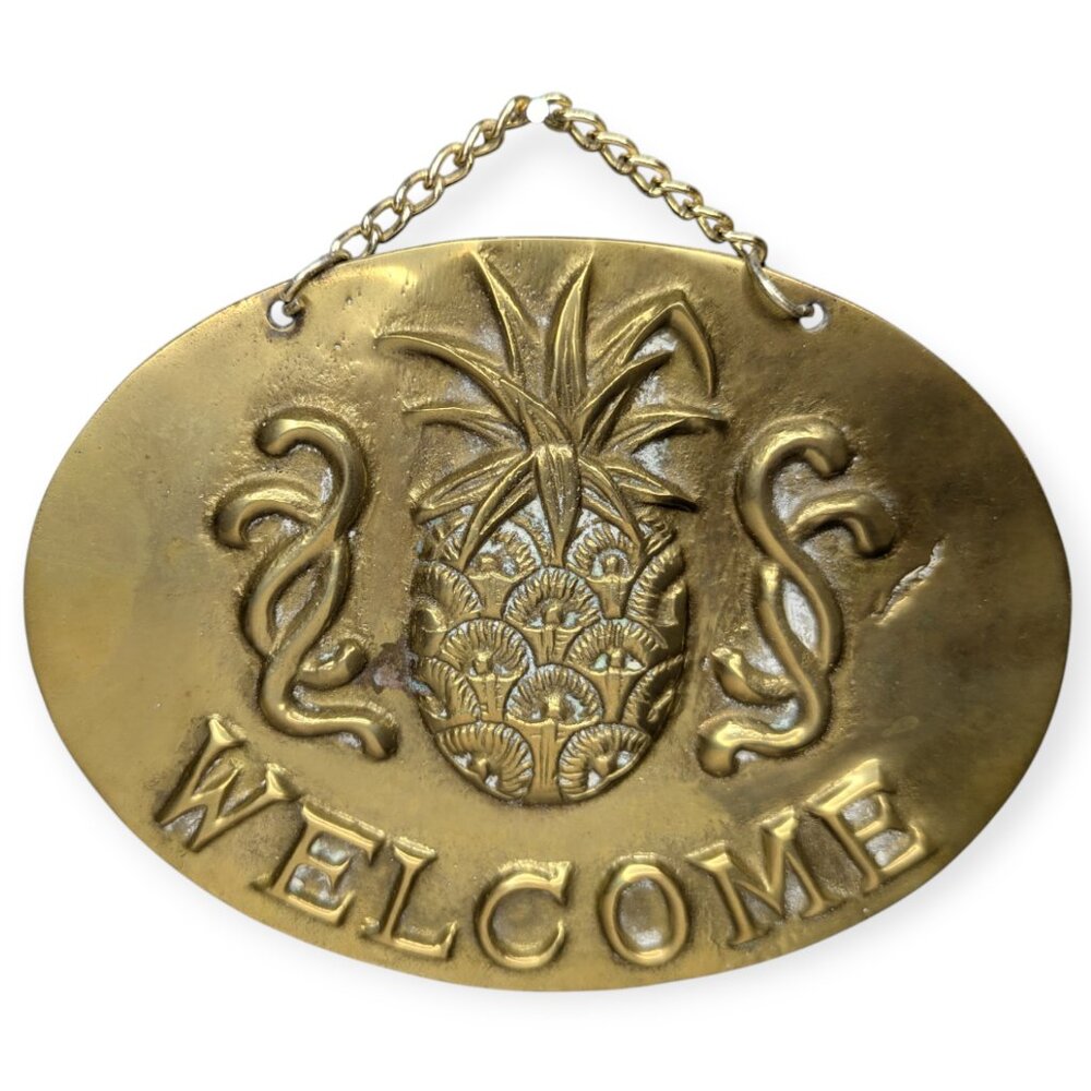 Vintage Oval Welcome Pineapple Brass Sign 5 1/2" Across